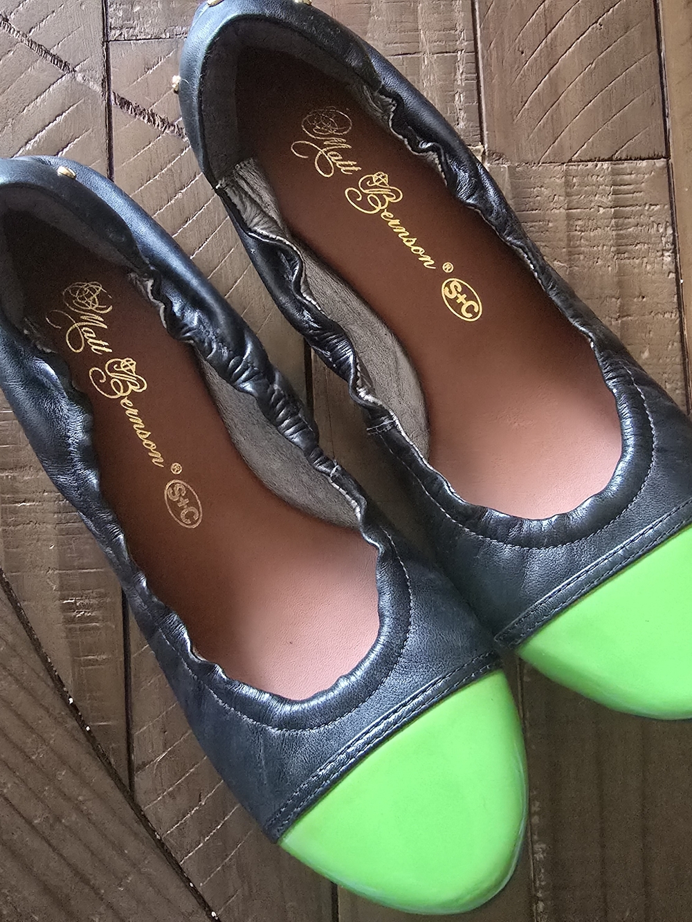 Matt Bernson Black Leather Flats with Neon Green Cap Toe